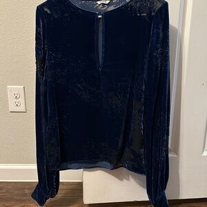 Navy Blue Velvet Crew Neck Long Sleeve Blouse